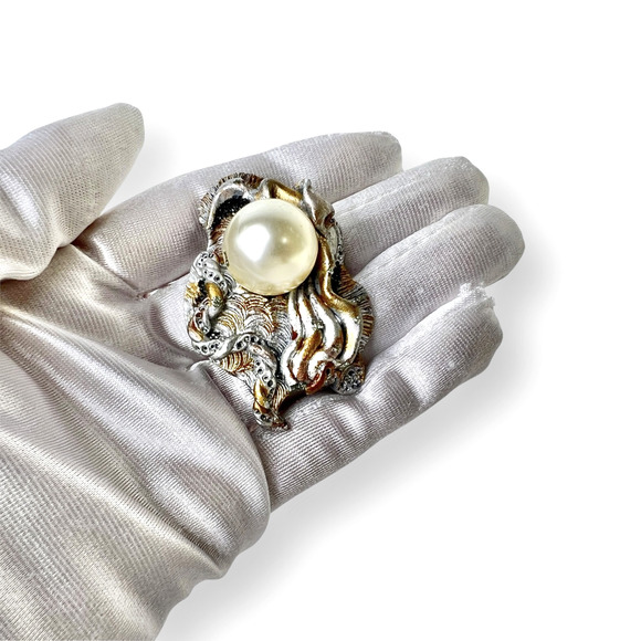 Artisan Brooch Abstract Polymer Clay Faux Pearl Silver And Gold Tone Vtg Signed - Picture 3 of 9
